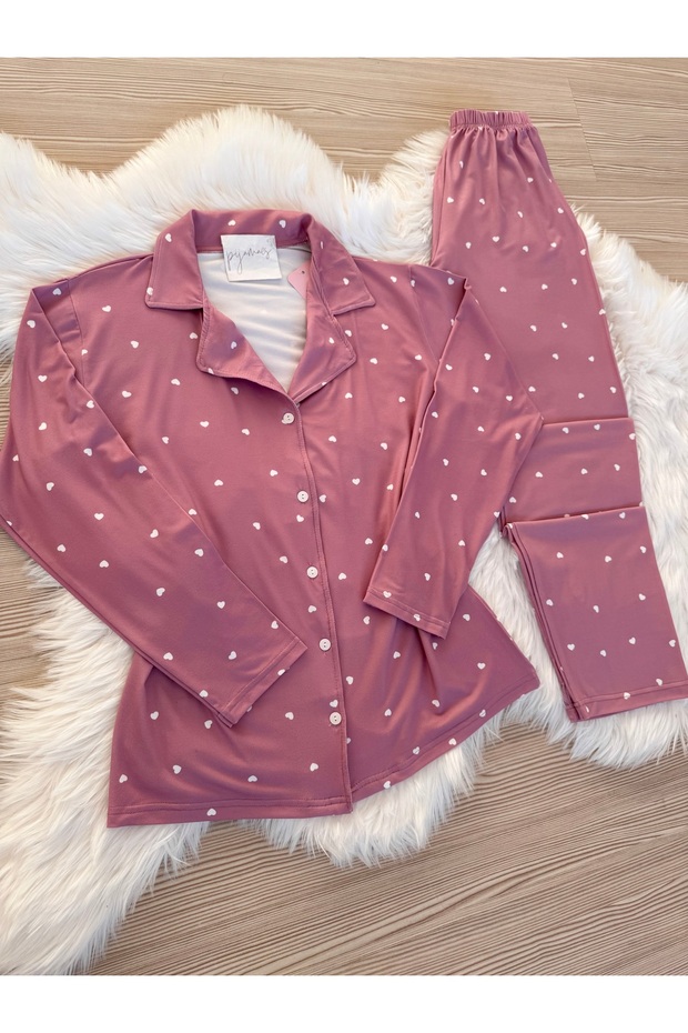 Gül Kurusu Minik Kalp Desenli Uzun Kol Yumuşak Hissiyatlı Pijama Takımı - 6