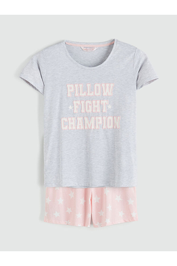 Pembe Yıldız Desenli Kadın Şortlu Pijama Takımı - 7