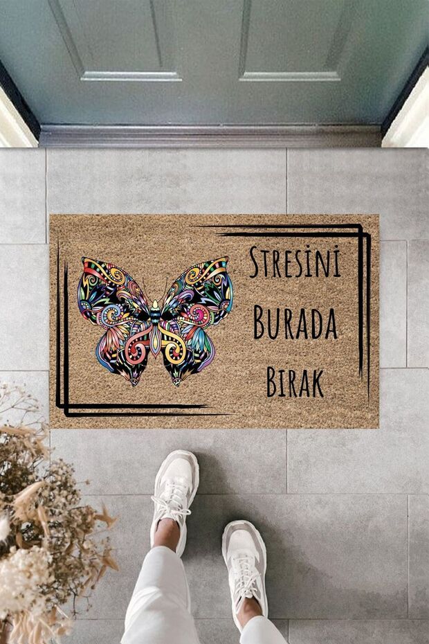 1Modern Digital Printing - Leave Your Stress Here Framed Butterfly Doormat - 60X40Cm