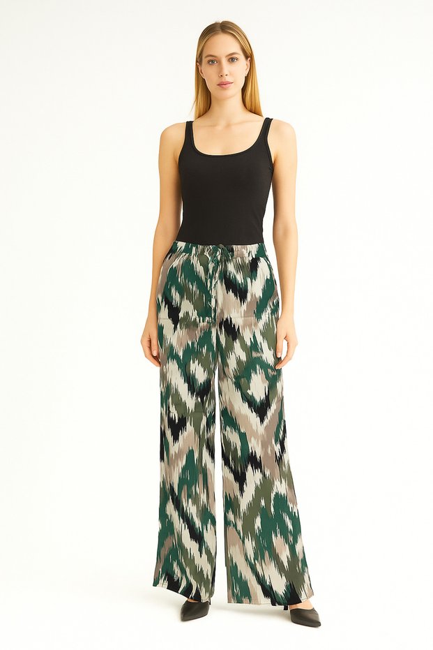 Women's Green Ikat Patterned Tie Detail Elastic Waist Relaxed Fit Palazzo Viscose Trousers
