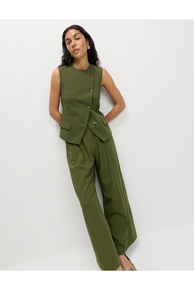 Olive Çapraz Düğmeli Yelek - 2