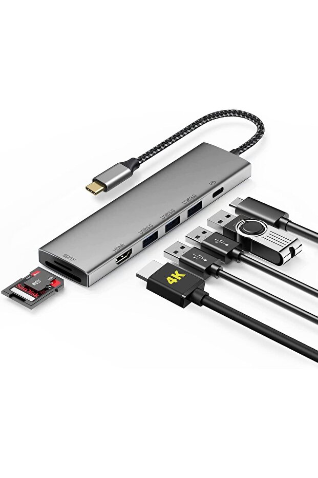 موزع USB C 7 في 1، موزع USB، محول HDMI بدقة 4K، شحن PD بقوة 100 وات، قارئ بطاقات SD 3.0، قارئ بطاقات TF 3.0 - 1