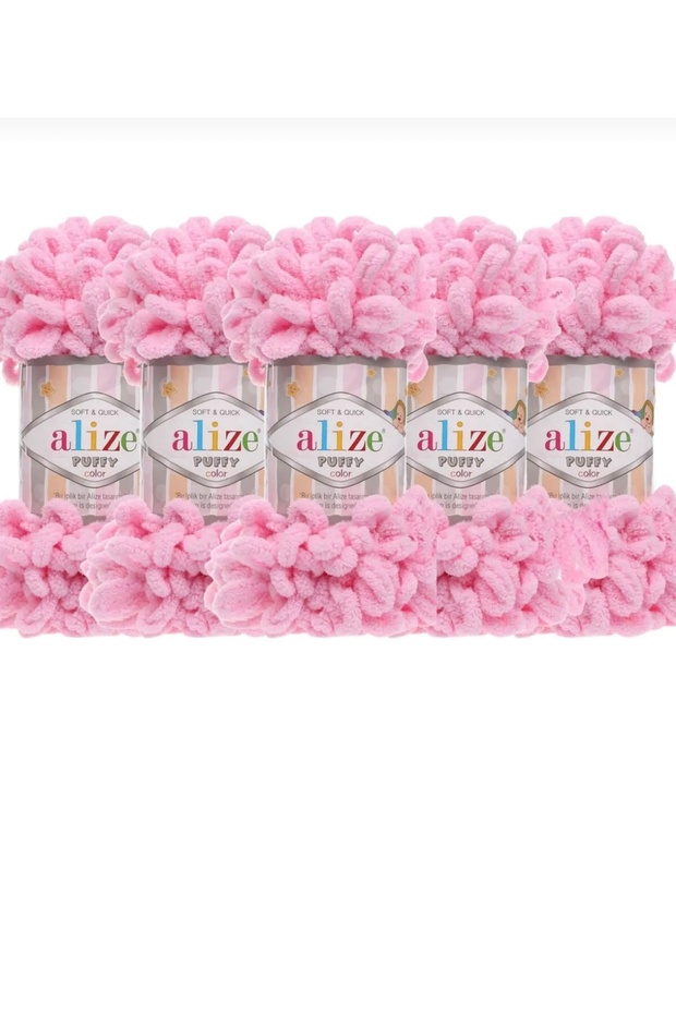 Alize pufy ( 5 adet ) el örgü İpliği 5 Li paket 185 pembe 10.Gr 9mt parmak örgü lpi puffy - 1