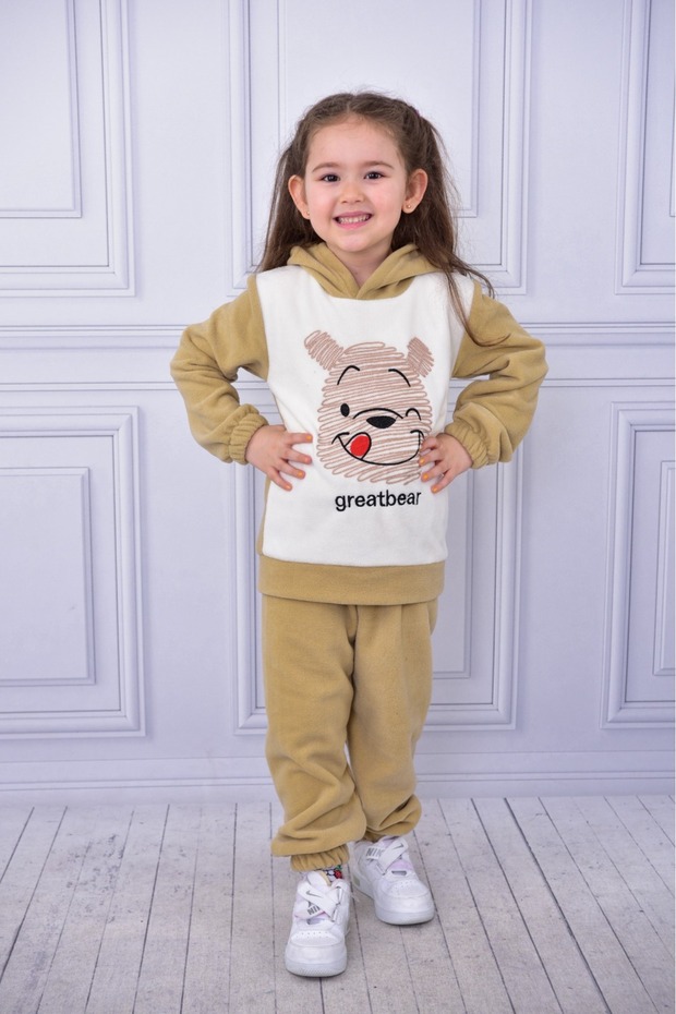 Polar Bear Embroidery Hoodie Winter Long Sleeve Bottom Top Children's Suit