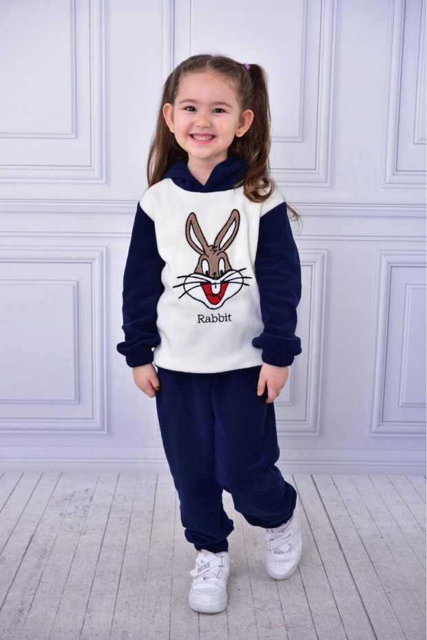 Fleece Rabbit Embroidery Long Sleeve Hoodie Winter Bottom Top Children's Suit