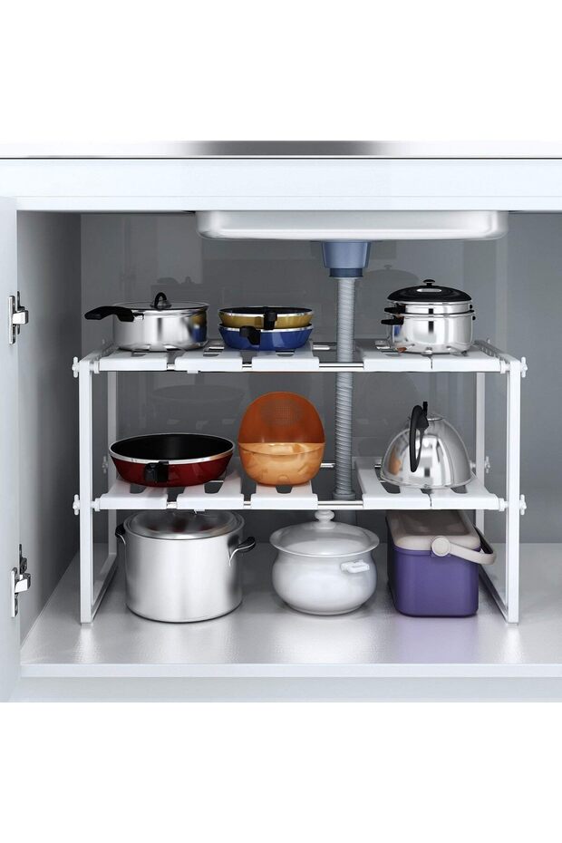 Pool Space Under Sink Plastic Storage Organizer Adjustable Kitchen Rack Holder, White, Tabletop, Cou