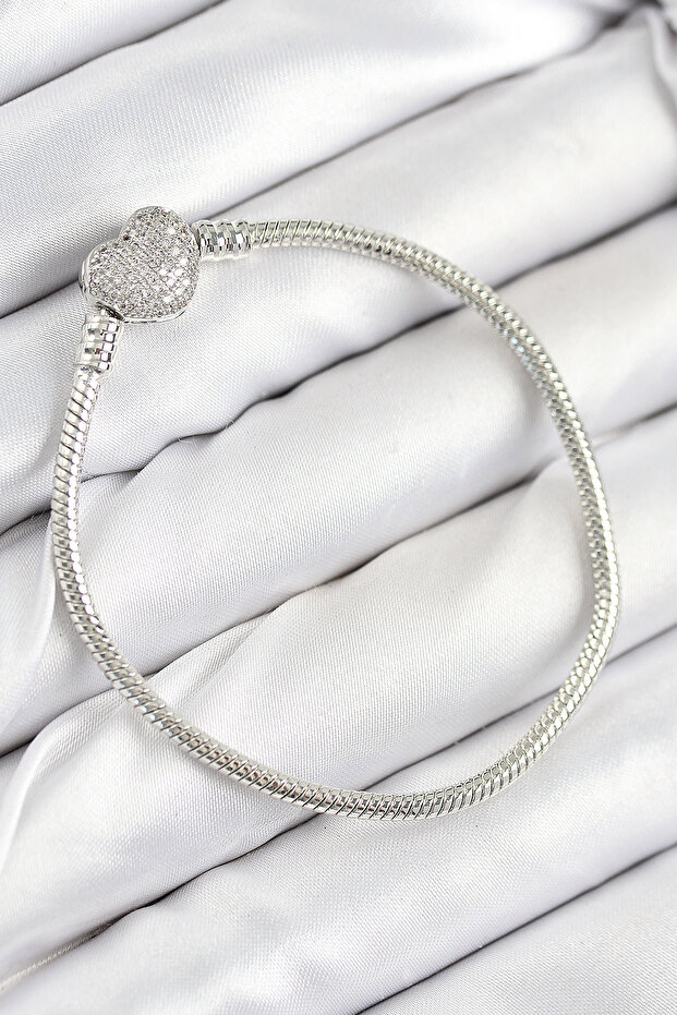 Brass Charm Zircon Stone Heart Model Silver Color Women's Bracelet