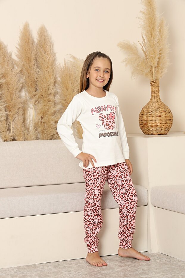 Long Sleeve Crew Neck Interlock Leopard Ecru Color Girls Pajama Set