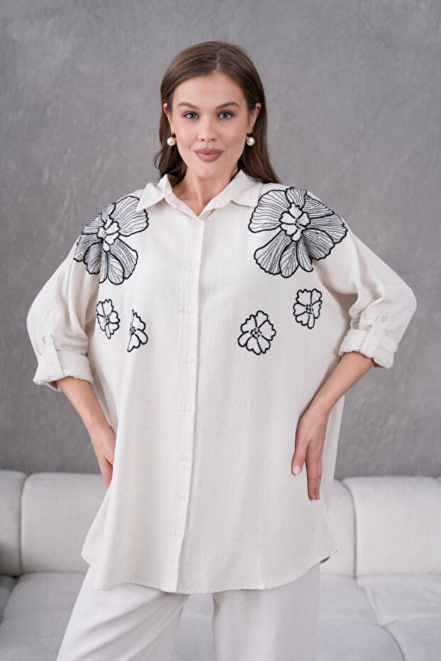 Women's Floral Patterned Embroidered Linen Oversize Standard Size Shirt and Pants