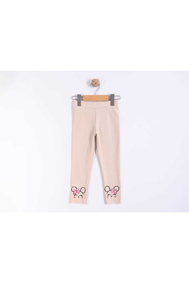 Cute Mouse Embroidered Legs Zigzag Lycra Ribbed Ribbed Girls' Leggings