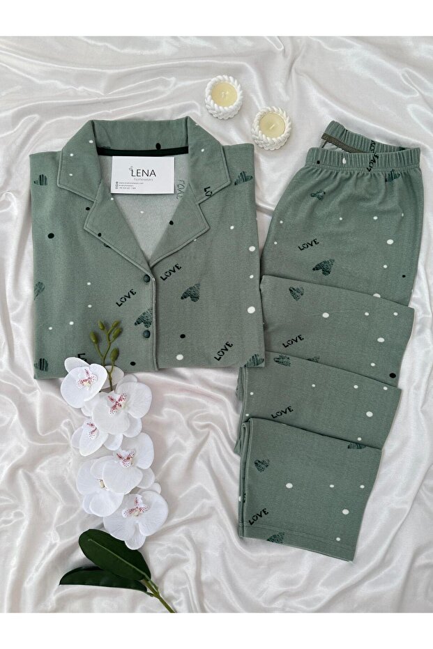 Çağla Love Patterned Buttoned Thermosoft Pajama Set