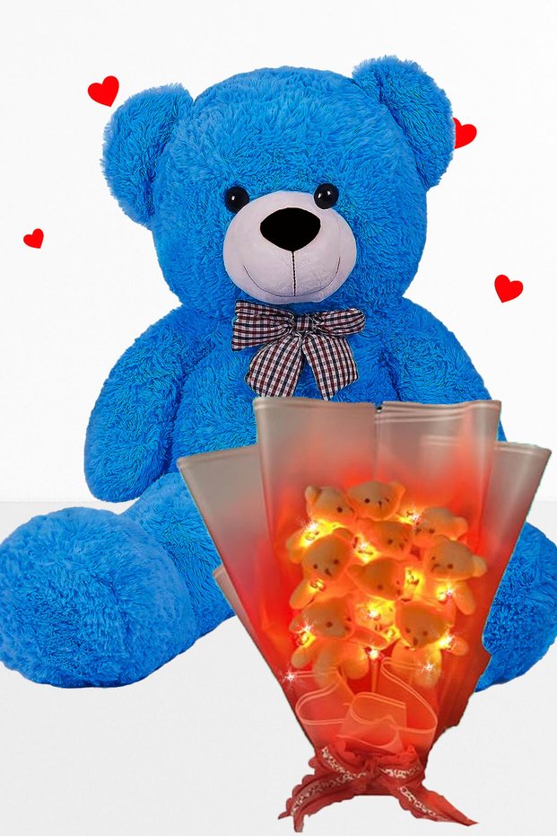 Delux 90 cm Plush Bear and 9-Piece Romantic Plush Teddy Bouquet with Led Lights Gift Set for Your Lover - Girl