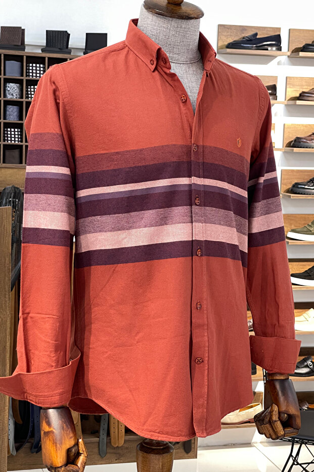 Slim Fit Hidden Button Collar Side Striped Cotton Shirt
