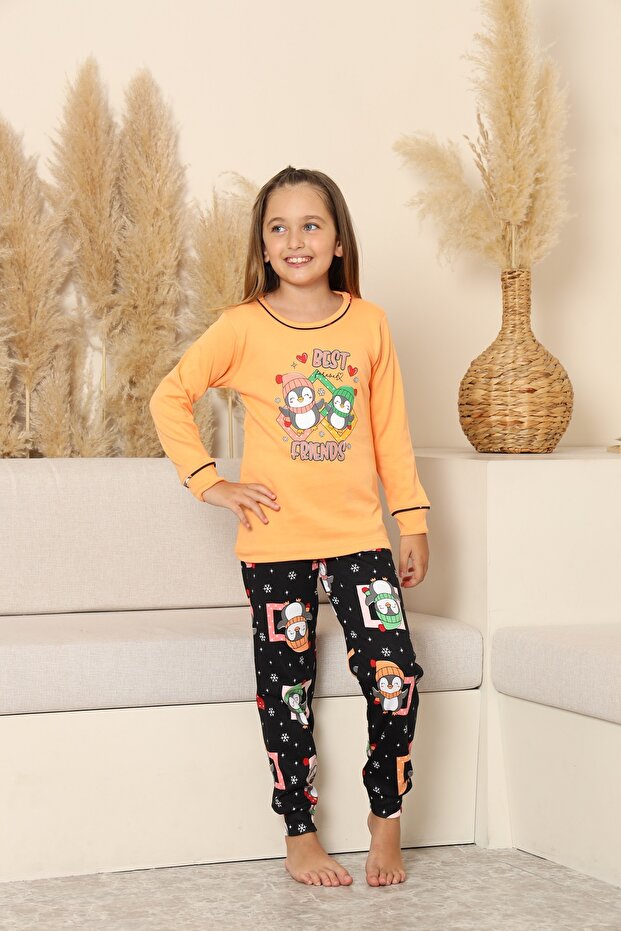 Long Sleeve Crew Neck Interlock Penguin Orange Color Girls Pajama Set