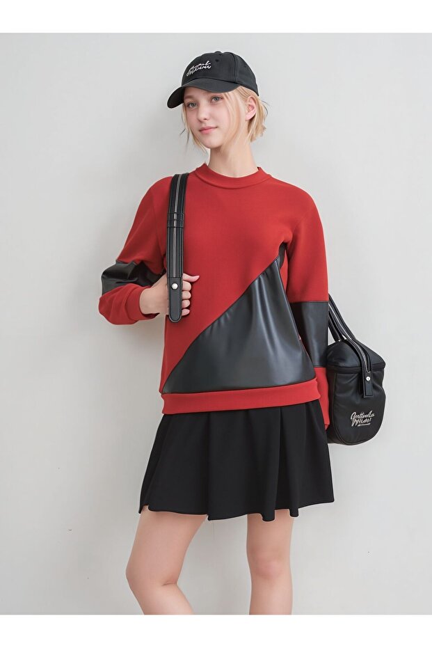 Kadın Deri Detaylı Sweathirt - 3