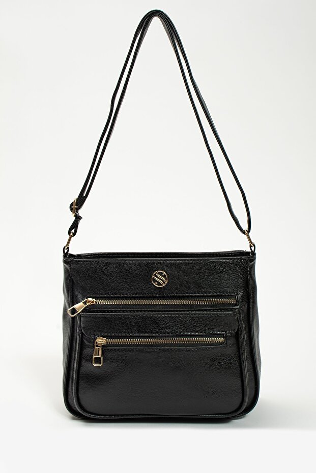 Women's Black Matte Shoulder Bag with Adjustable Cross Strap and Four Pockets