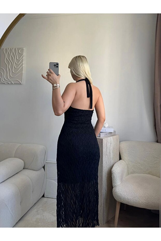 Dantel Halter Midi Elbise - SİYAH - 2