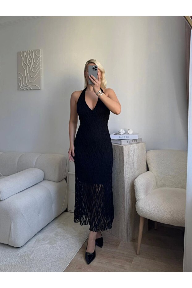 Dantel Halter Midi Elbise - SİYAH - 3