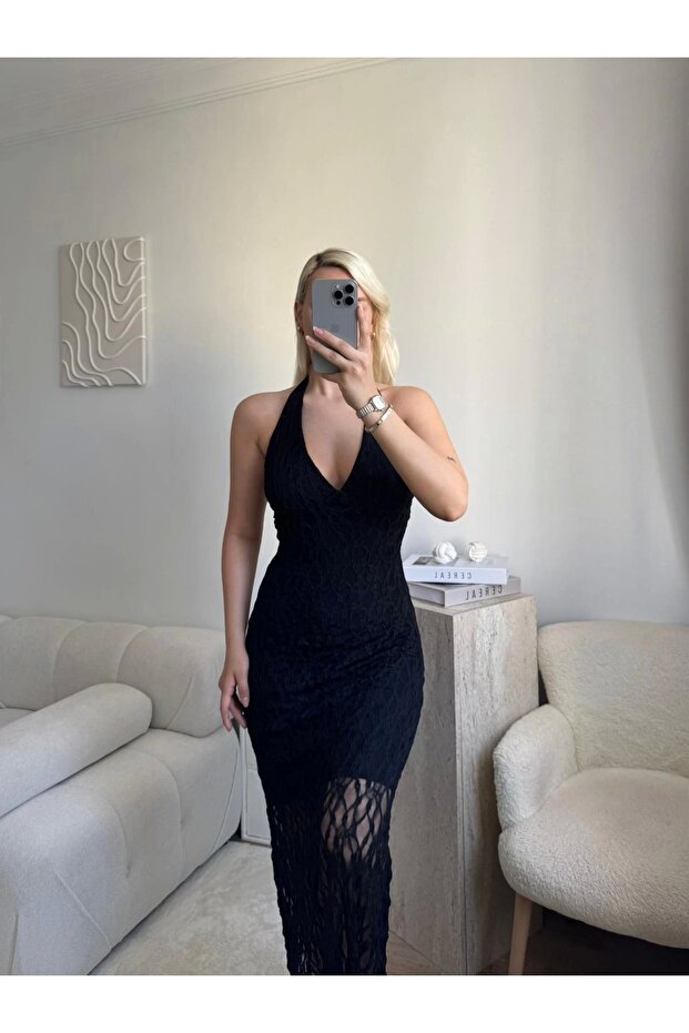 Dantel Halter Midi Elbise - SİYAH - 1