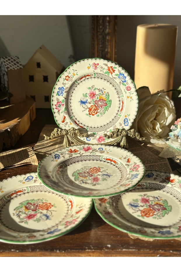 Antique British Chinese Rose Colorful Floral Dessert/Cake Plate Wall 16 cm Set of 4