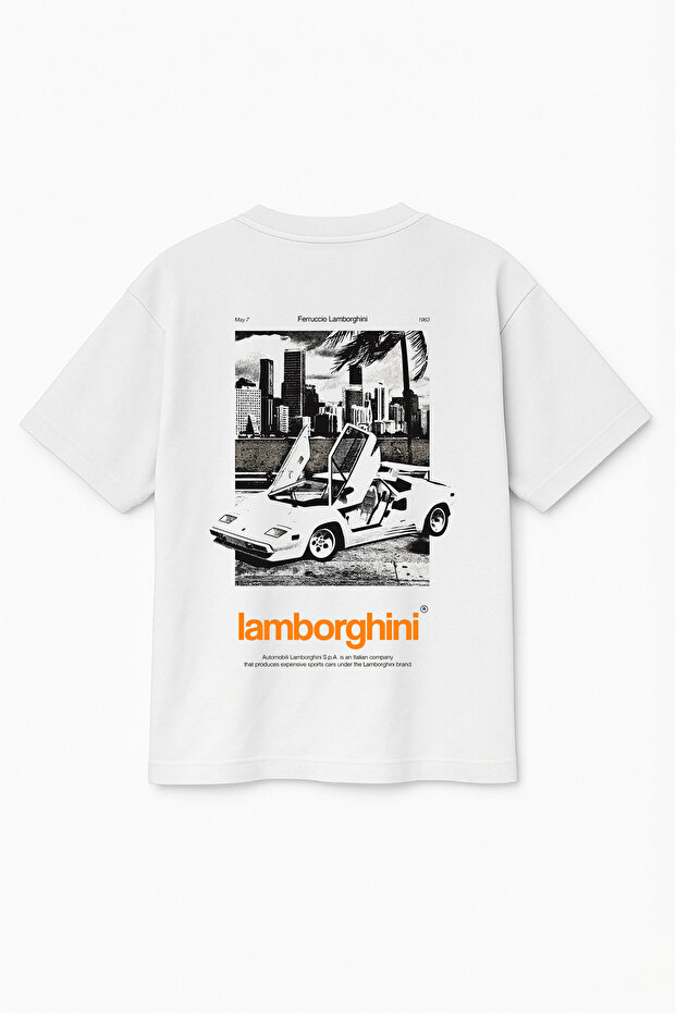Oversize White Unisex Lamborghini Car Printed T-Shirt T-Shirt