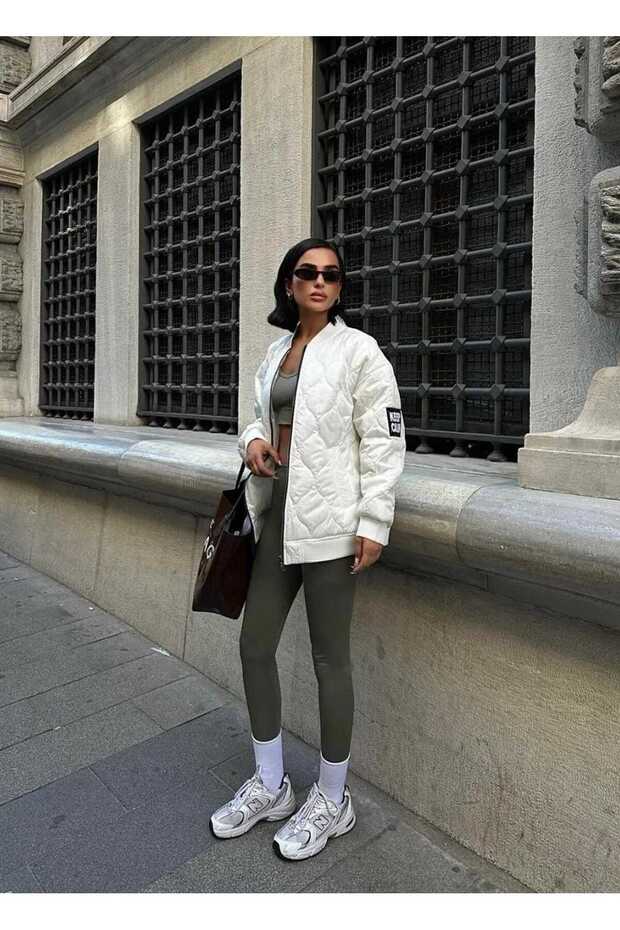 Oversize Quilted Bomber Coat - Ecru