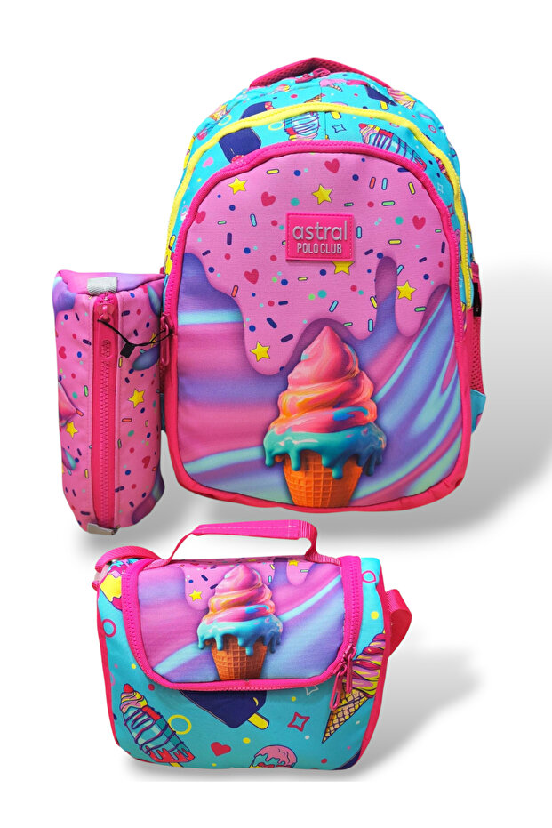 Three-Compartment 3D Ice Cream Printed Girl's Primary School Bag Nutrition and Pen Holder Set Ddcq7322
