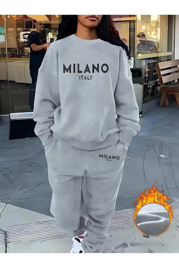 Women's Crew Neck Milano Italy Printed Bottom Top Black Tracksuit Set Oversize Boyfirend