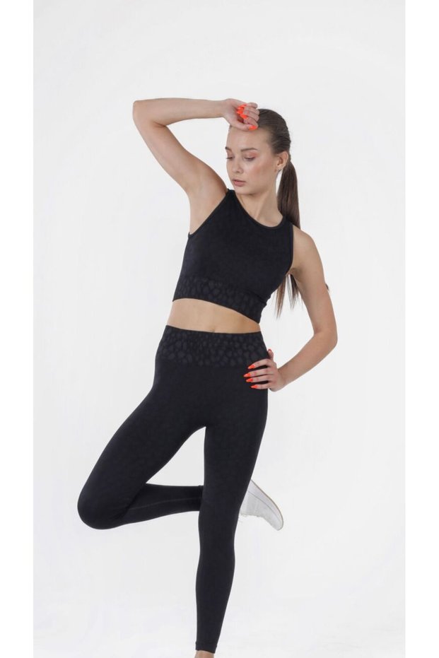 Women's Black Speckled Texture Sports Stretchy and Gathering Stitching Ankle Length Leggings Crop Suit