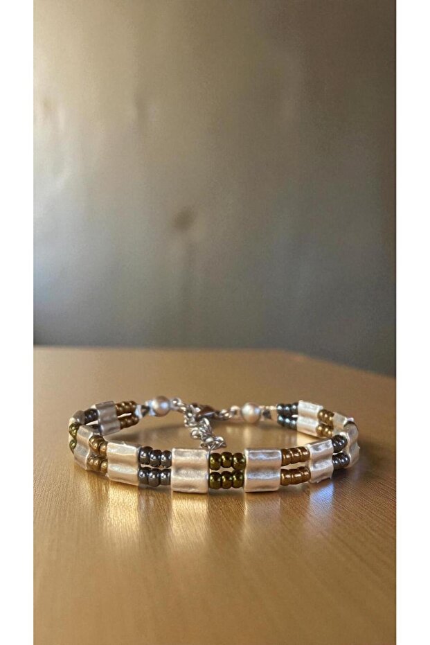Bensei̇ Silver Color Lacquer Finish Accessory, Miyuki Beaded Bracelet with Steel Lock and Chain