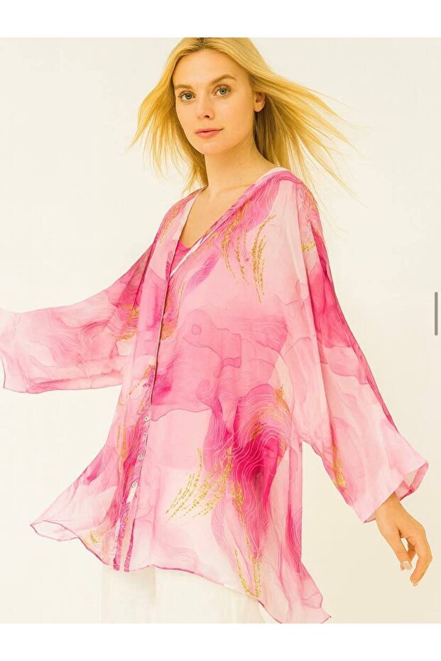 بلوزة حريرية مستوردة بأكمام خفاشية وأزرار منقوشة للنساء - وردي - 1