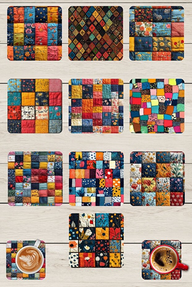 10-Piece Wooden Mdf Coaster Set with Quilt Motif, Tea Coffee Presentation Decor