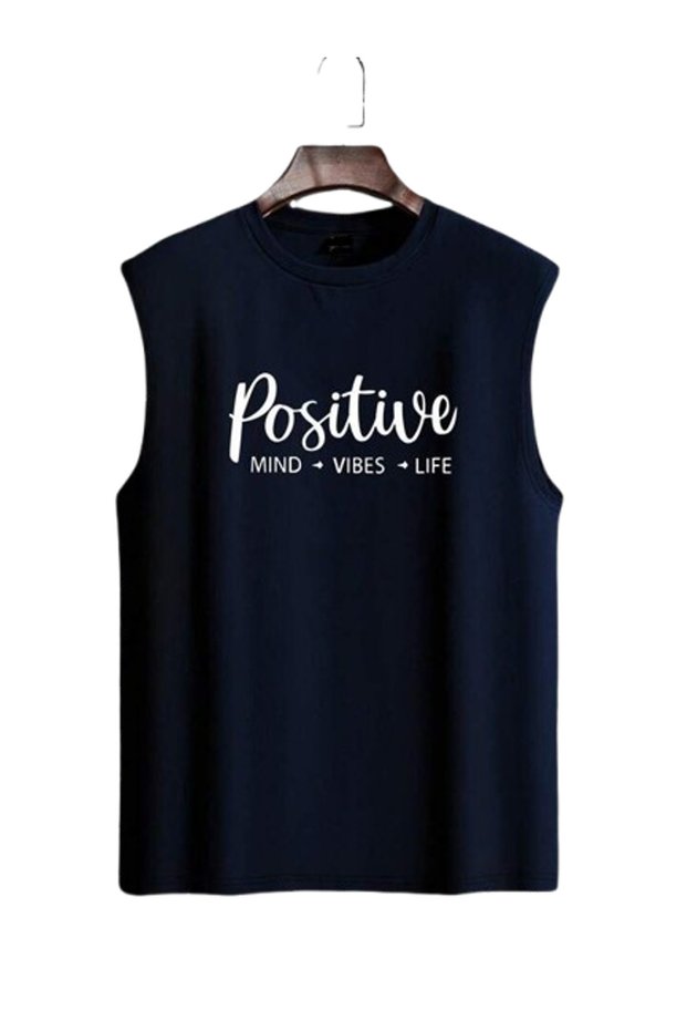 Positive Printed Casual Cut Cotton Oversize 0 Sleeve Sleeveless T-Shirt