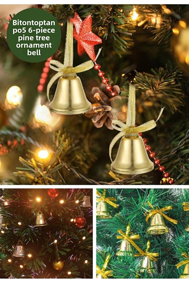 Mini Bell Ornaments - 6Pcs, Ringing Bell Gold with Ribbon with Golden Yellow Bells, Christmas Pine Tree Ornament