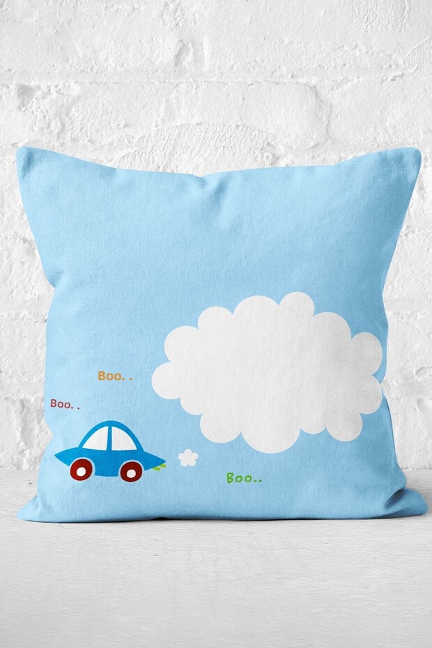 Blue Car Baby Patterned Digital Printed Modern Pillow Cushion Cover on Blue Background