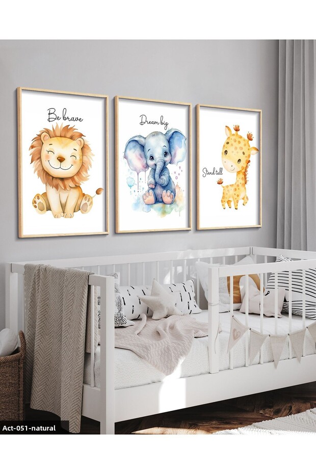 3 Piece Wooden Framed Painting with Giraffe, Elephant, Lion Figures for Children Act