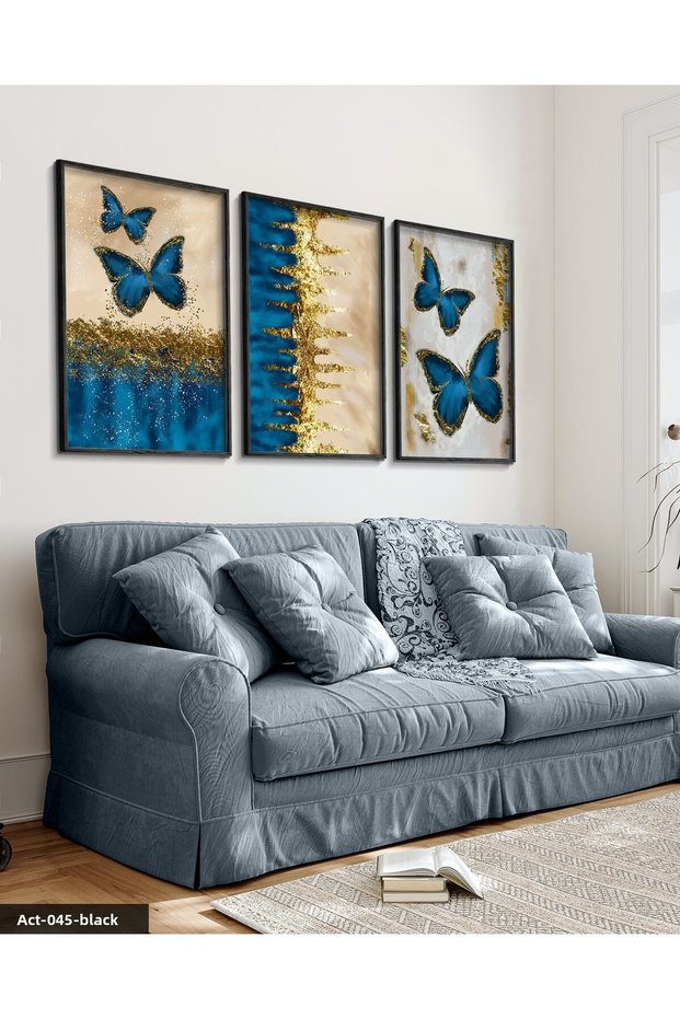 Blue Butterfly Gold Sparkling 3 Piece Black Wooden Framed Painting Act
