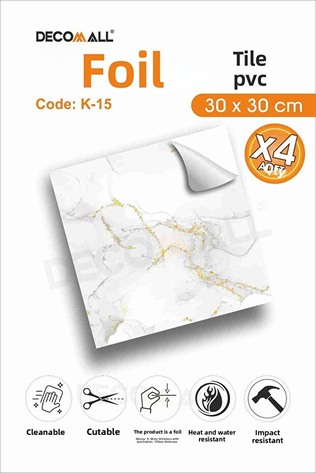 CodeK-15 بلاط فول مقاوم للماء لأرضية المطبخ والحمام - 30 × 30 سم (4 قطع)