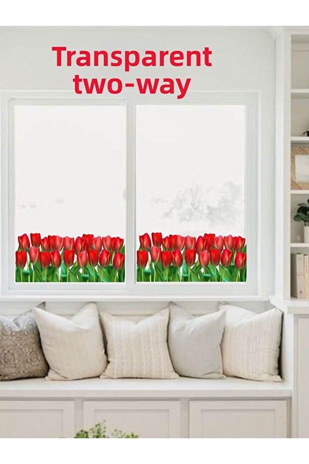 Red Tulip Pattern Transparent Material Double-Way Glass Sticker - Glass Ornament Decoration, Window Decoration