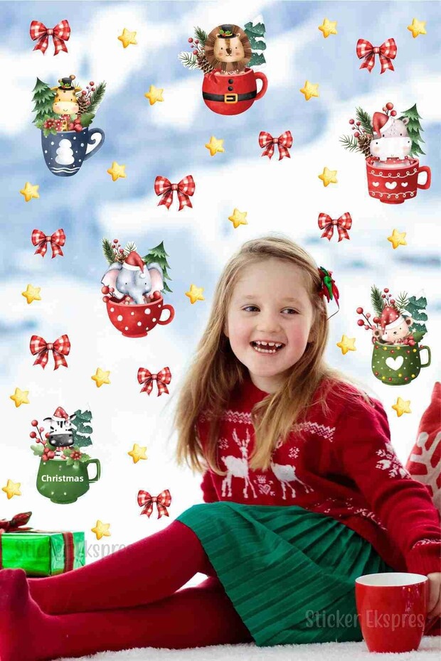 Cute Animals in the Cup Christmas New Year Glass Door Wall Sticker Set