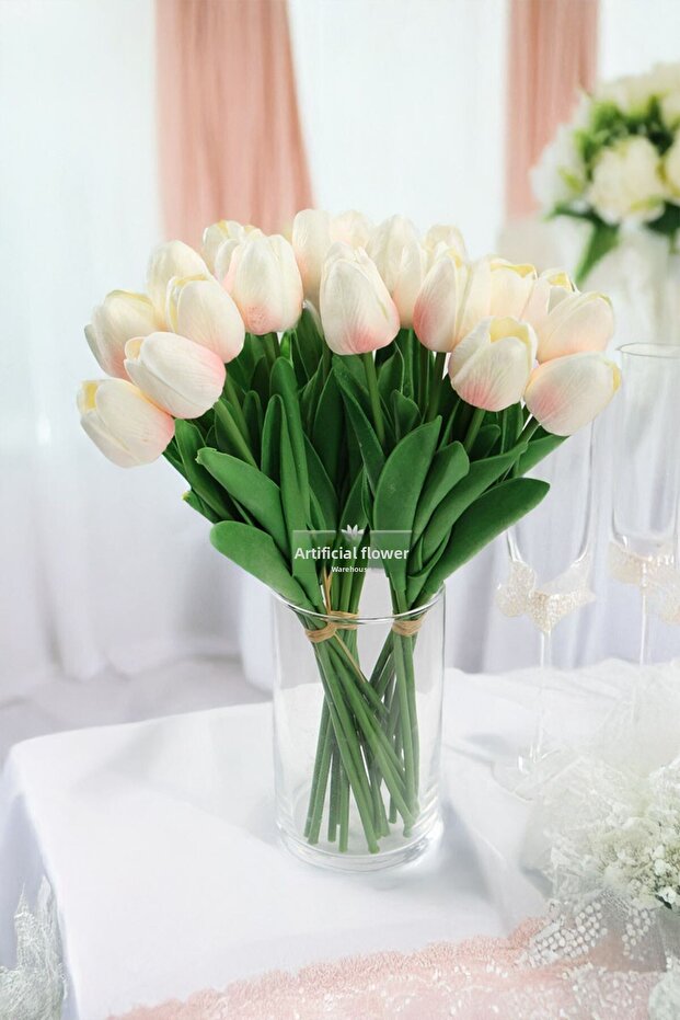 Artificial 8 Wet Tulip Bouquet Real Texture Powder-White