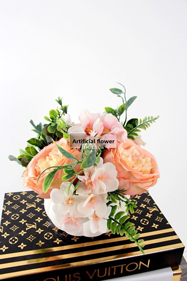Peony Rose and Hydrangea Flower Arrangement in Concrete Pot Light Pink