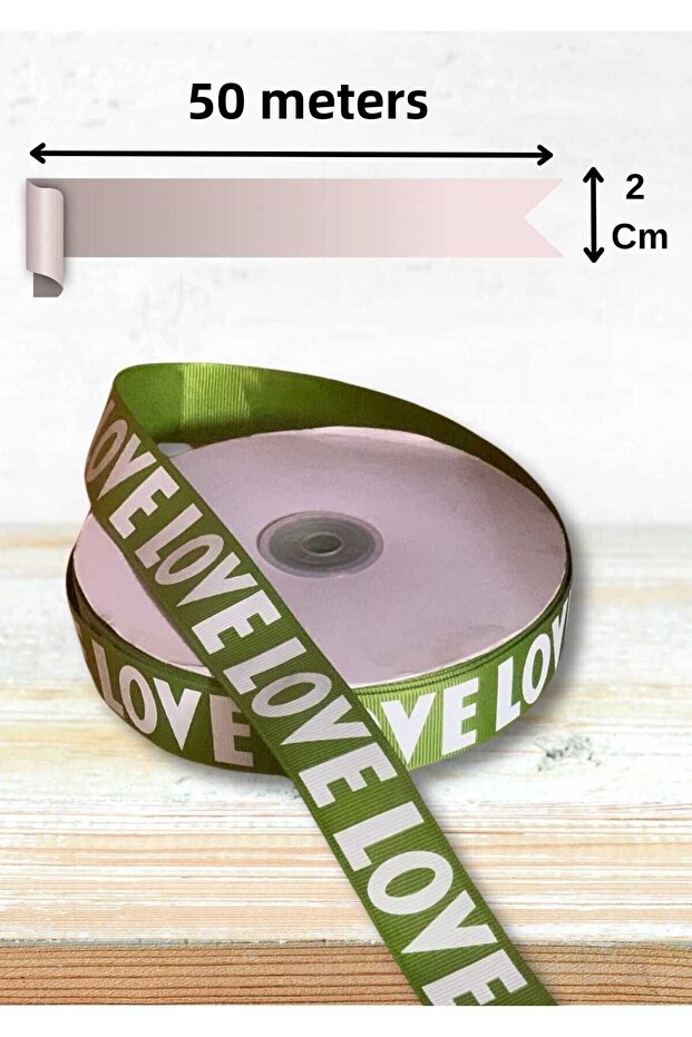Grogren Fabric Green Ribbon 2 cm X 50 m Love Multi-Purpose Ribbon for Crafts, Packaging, Diy, Decoration