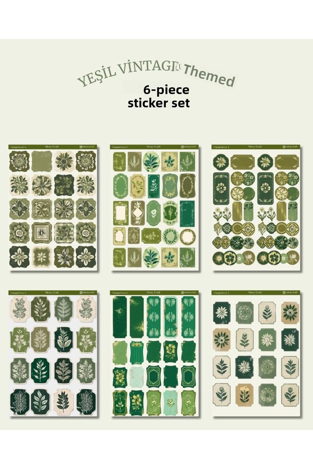 Set of 6 Green Vintage Themed Stickers–12X17 cm | For Bullet Journal, Scrapbook, Agenda and Planner