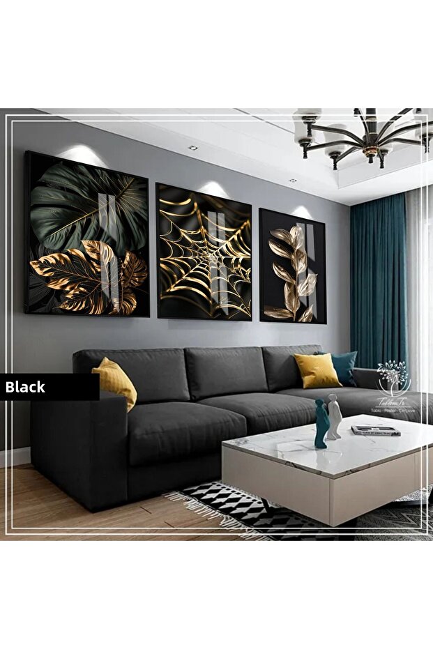 هاريكابيريف | مجموعة BLACK&GOLD من أوراق الشجر الشبكية المجسمة | طاولة زجاجية بإطار 3 قطع عمودية