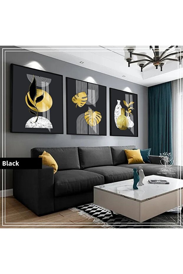 هاريكابيريف | مجموعة BLACK&GOLD LEAFED BOHEM COMBINATION | طاولة زجاجية بإطار 3 قطع عمودية