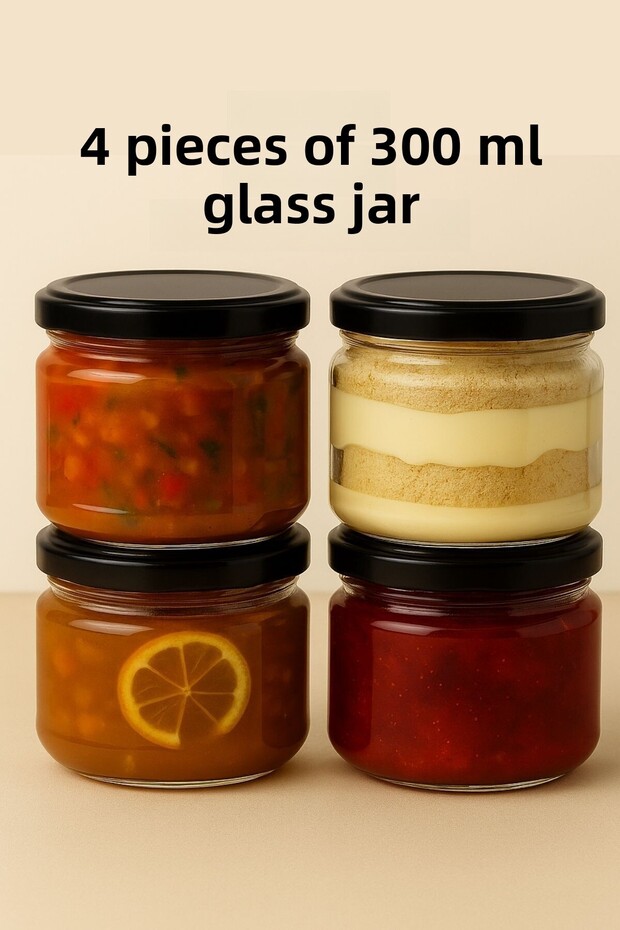 4Pcs 300ml Metal Black Canning Lids Magnolia and Food Storage 300Cc Clear Glass Jar