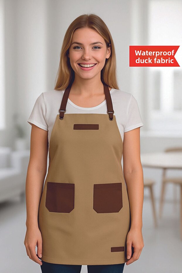 Chef Waiter Cook Barista Apron Kitchen Apron Cream-Brown with Buckle