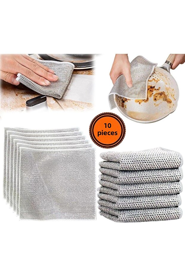 10 Pieces Wire Dishcloth Non-Scratch Dishwashing Wire Steel Cloth 20X20 cm Double Layer S-602