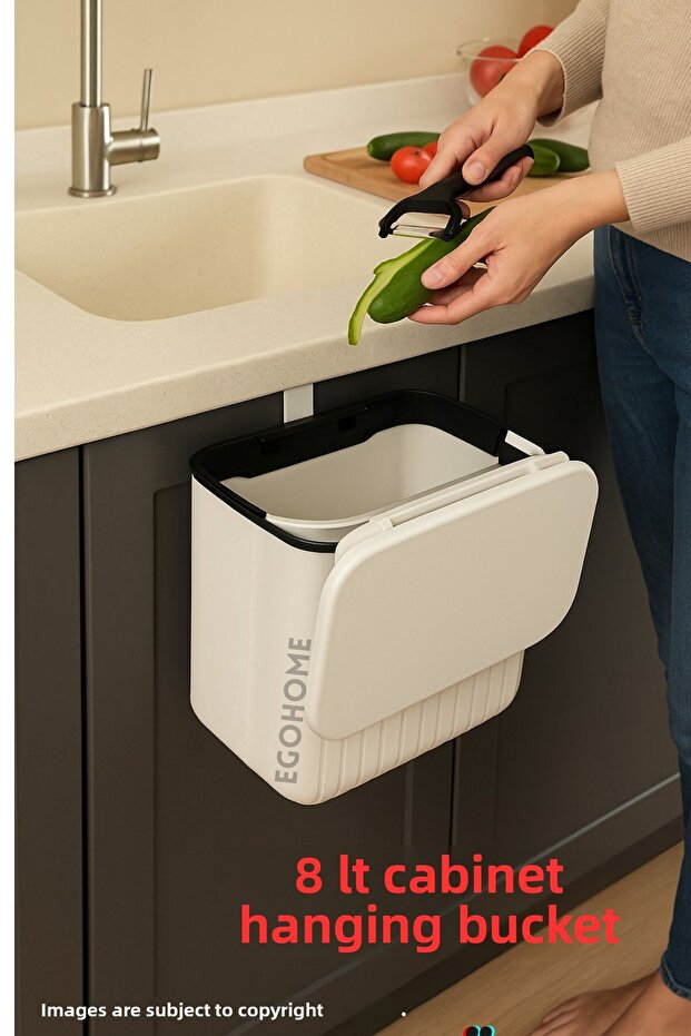 Hanging Trash Can Striped 8 Lt Kitchen Counter Top and Cabinet Hanging Trash Can with Double Direction Lid - 1